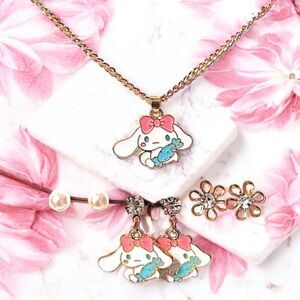 Super Cute Cinnamoroll Pink Bow Necklace And Earrings Set